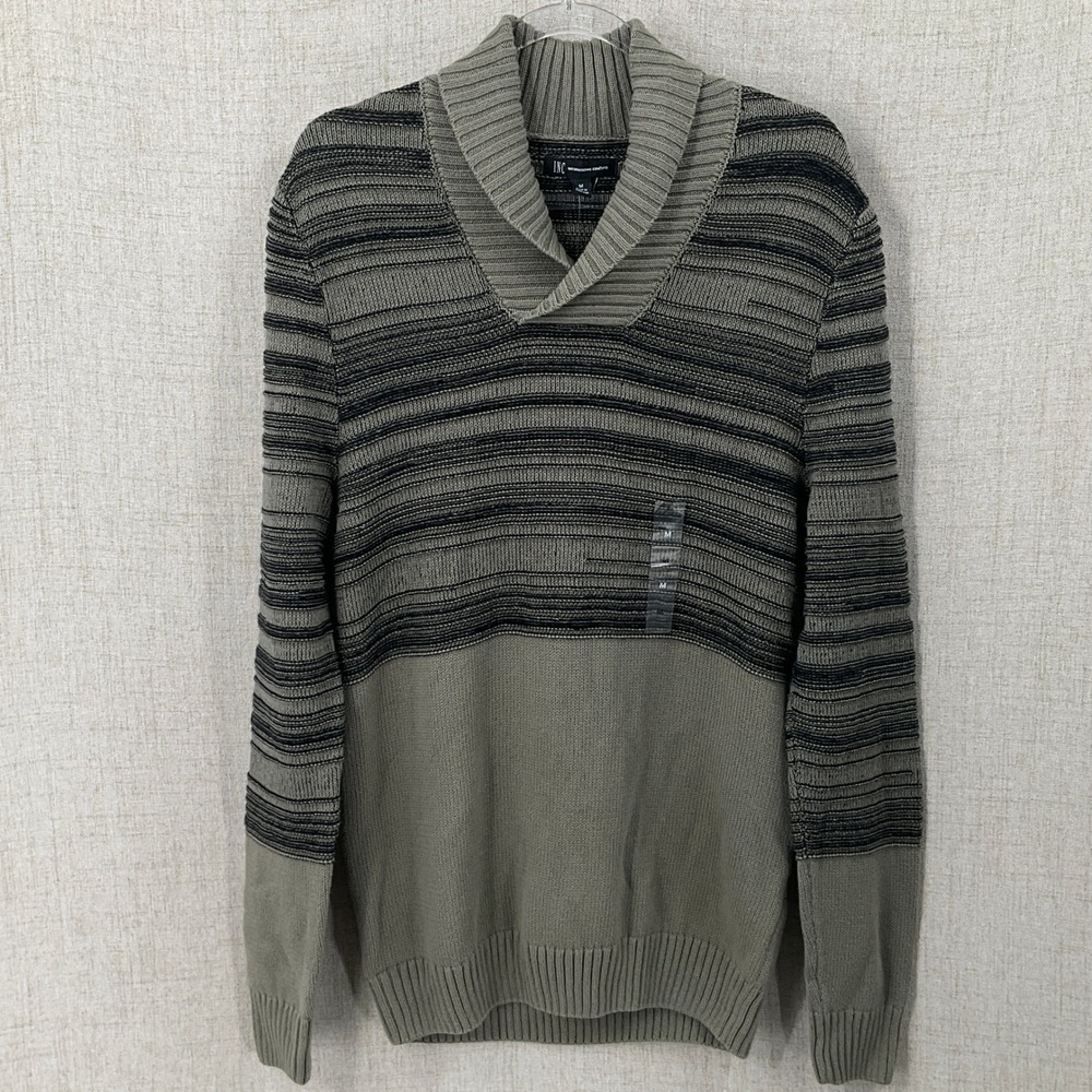 INC Shawl Collar Sweater Womens M Olive Green Black Striped Cotton Pullover